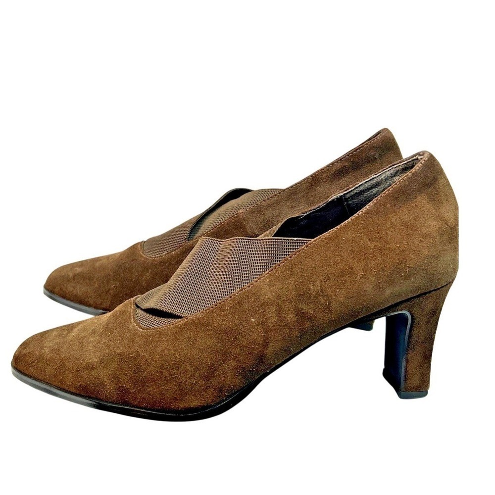 Fashion Bug Womens 9 Brown Suede Elastic Strap Block Heel Square Toe Pumps Shoes